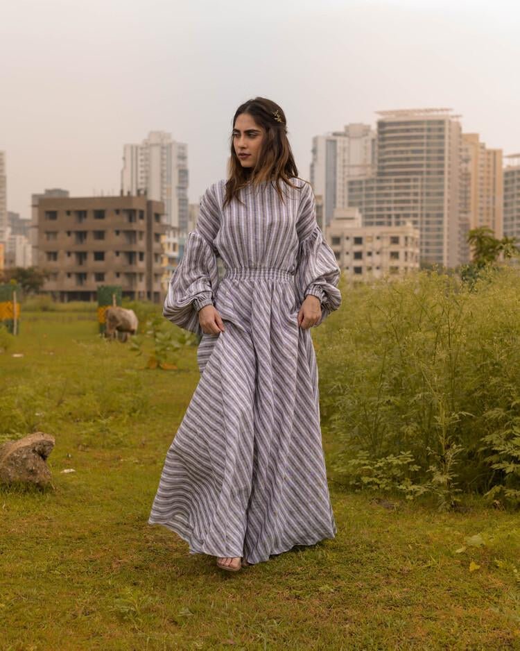 Vritra Dress - White + Bluish Grey + Beige Stripes Pattern | Verified Sustainable by Brown Living™