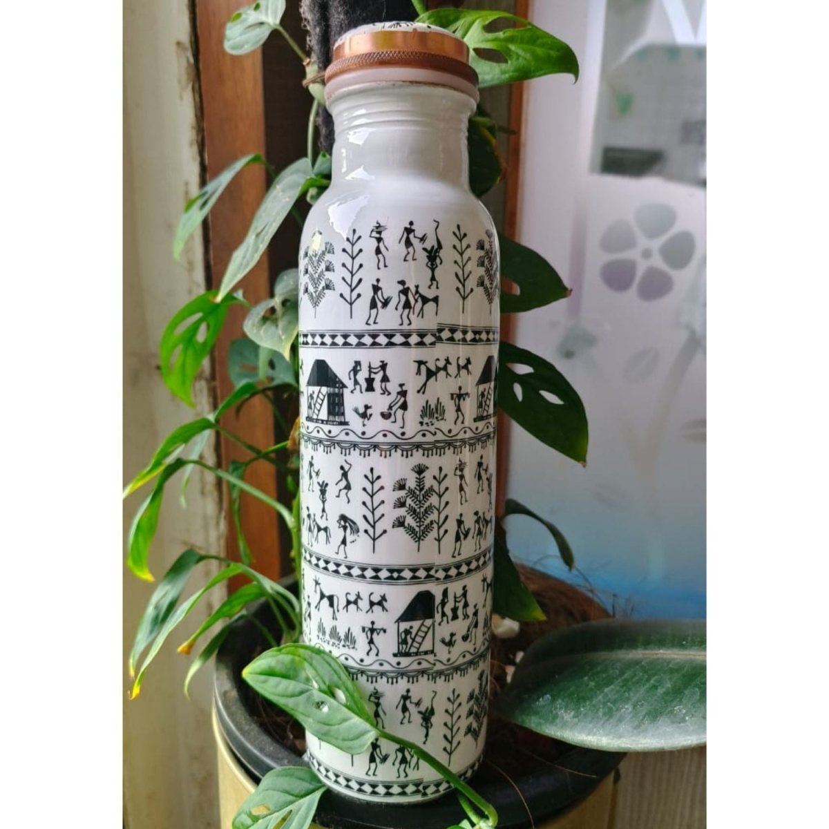 Warli Print Copper Bottle - 950 ml | Verified Sustainable by Brown Living™