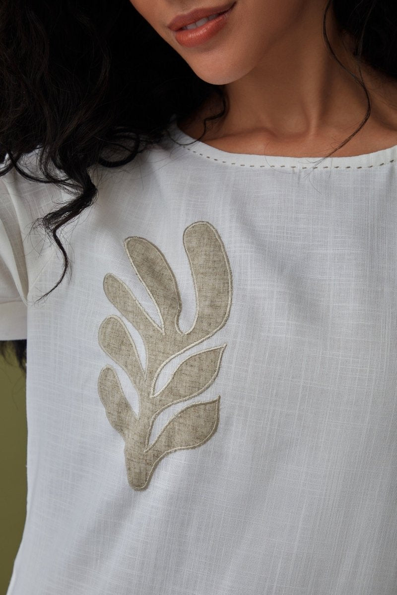 White Applique Linen Kurta Set | Verified Sustainable Womens Kurta on Brown Living™