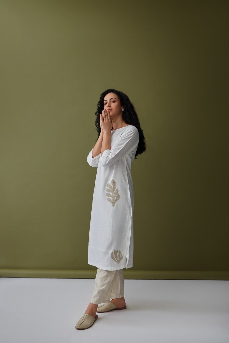 White Applique Linen Kurta Set | Verified Sustainable Womens Kurta on Brown Living™