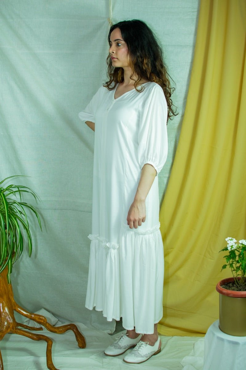 Buy White bamboo fabric V-neck dress | Shop Verified Sustainable Womens Dress on Brown Living™