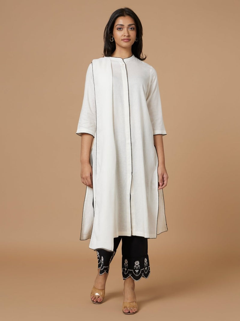Buy White & Black Cutwork Linen Kurta Set | Shop Verified Sustainable Products on Brown Living