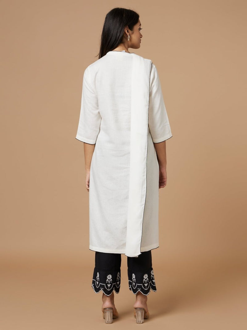 Buy White & Black Cutwork Linen Kurta Set | Shop Verified Sustainable Products on Brown Living