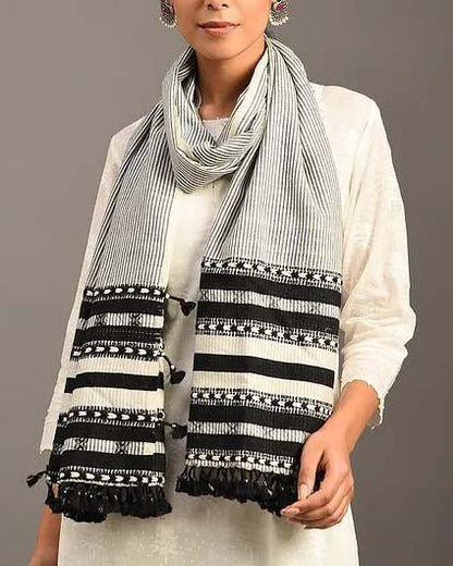 White & Black Handwoven Wool Stole | Verified Sustainable by Brown Living™