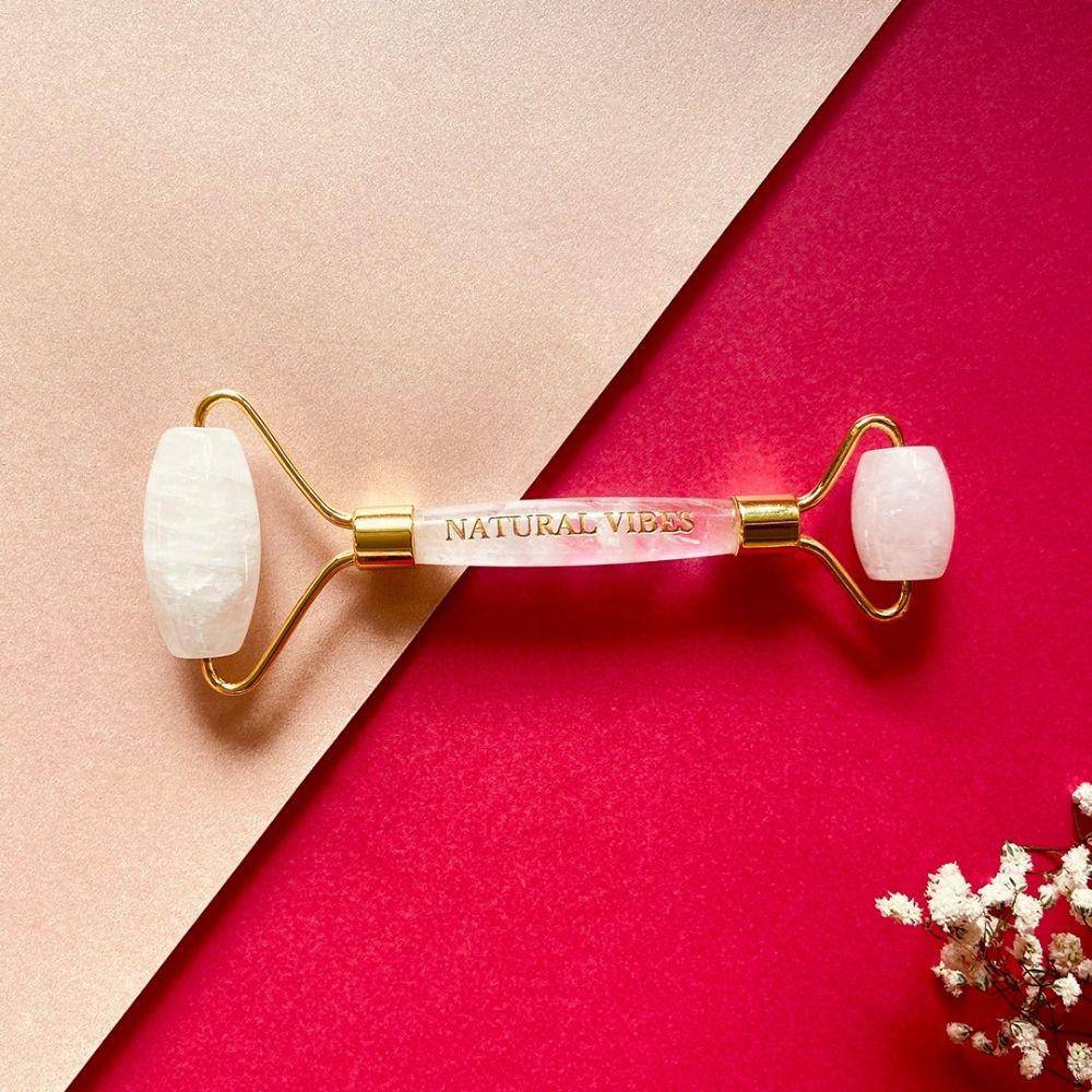 White Crystal Quartz Roller & Massager for Face, Neck and Under eye with FREE Gold Oil – Massager by Natural Vibes available on Brown Living™. . SKU: 063 - 05468 - NV_White_Roller_oil. Img 4.