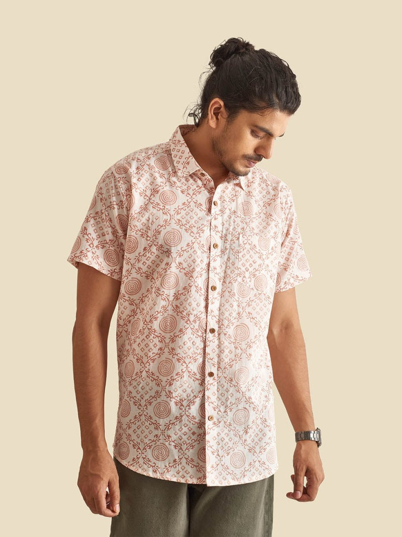 Buy White Ethnic Block Printed Holiday Halfsleeves Cotton Shirt | Shop Verified Sustainable Mens Shirt on Brown Living™