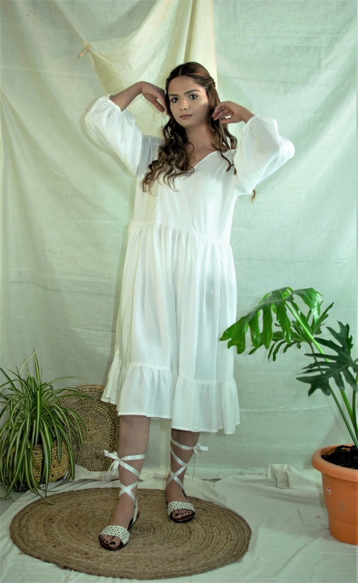 Buy White flowy gathered summer dress | Shop Verified Sustainable Womens Dress on Brown Living™