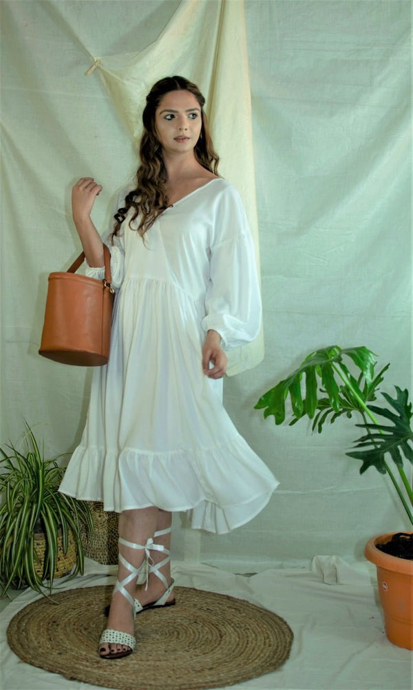 Buy White flowy gathered summer dress | Shop Verified Sustainable Products on Brown Living