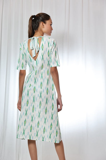 White Handloom Ikat Tie Up Back Dress | Verified Sustainable by Brown Living™