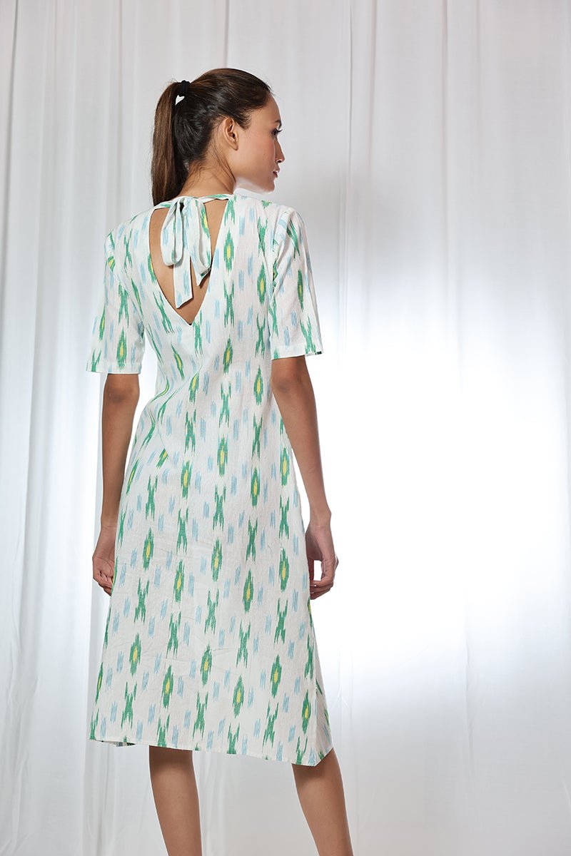 White Handloom Ikat Tie Up Back Dress | Verified Sustainable by Brown Living™