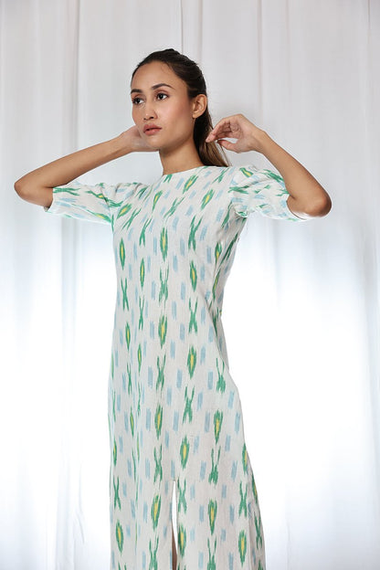 White Handloom Ikat Tie Up Back Dress | Verified Sustainable by Brown Living™