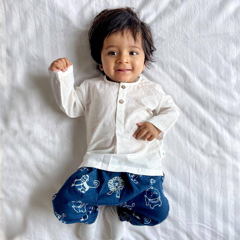 Buy White Kurta with Zoo Print Indigo Pants | Shop Verified Sustainable Kids Daywear Sets on Brown Living™