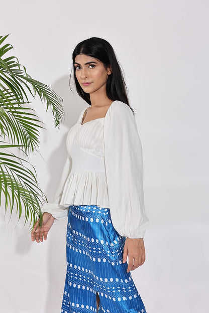 White Tie Up Back Corset Top - Peplum top with baloon sleeves | Verified Sustainable by Brown Living™