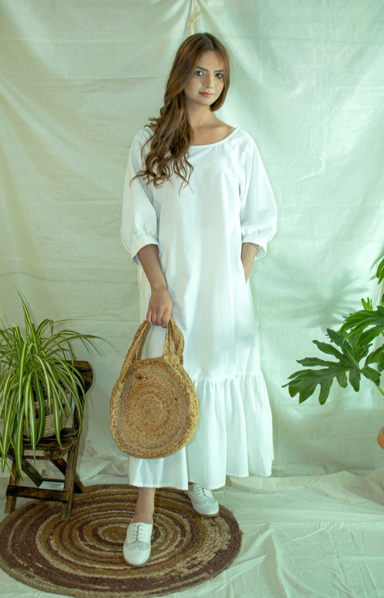 Buy White V-neck organic cotton dress | Shop Verified Sustainable Womens Dress on Brown Living™