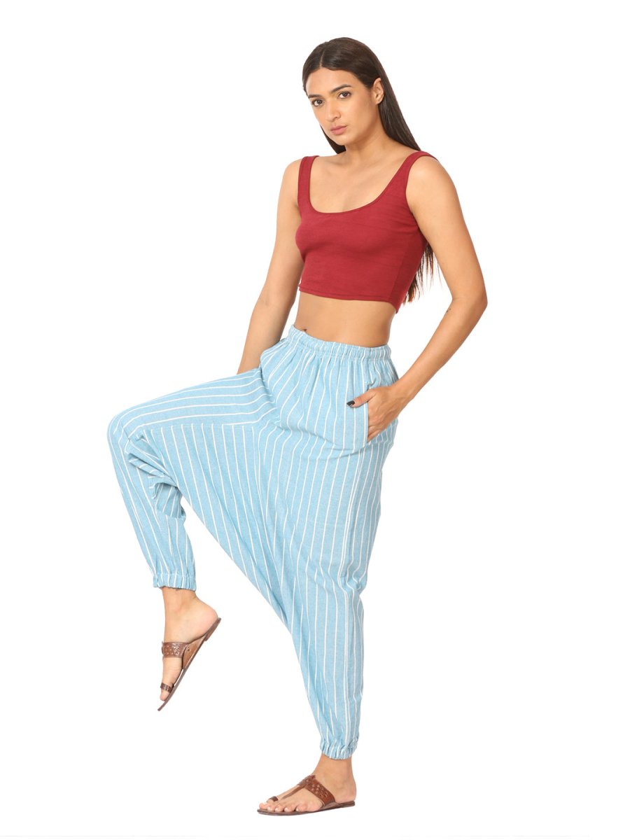 Women's Harem Pant | Blue Stripes | Fits Waist Size 28" to 36" | Verified Sustainable by Brown Living™