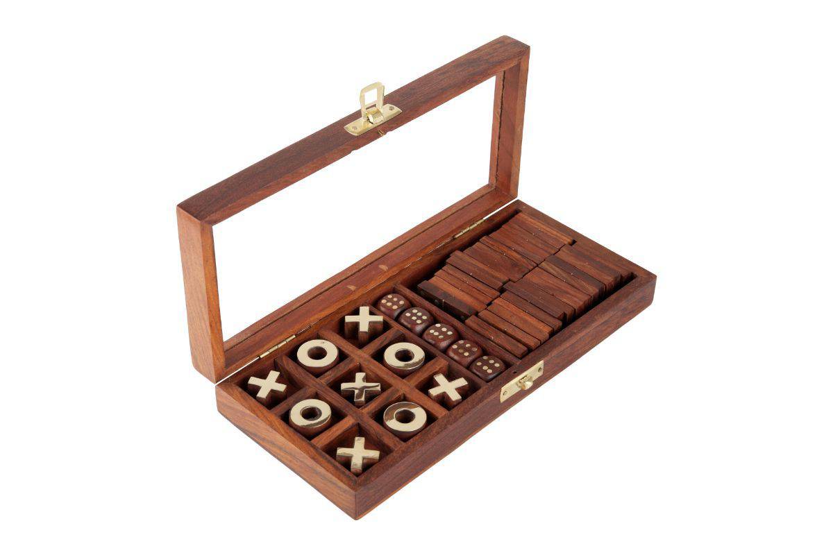 Handicrafts Wooden 3 - in - 1 Parlour Game Set | 3 Classic Board Game | Verified Sustainable by Brown Living™