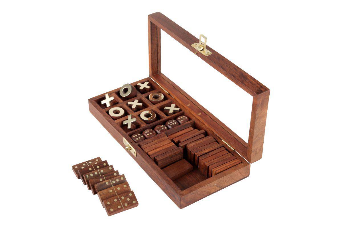 Handicrafts Wooden 3 - in - 1 Parlour Game Set | 3 Classic Board Game | Verified Sustainable by Brown Living™