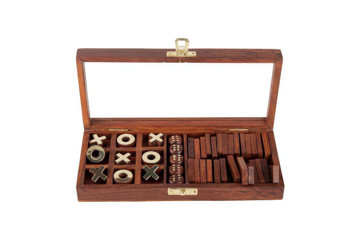 Handicrafts Wooden 3 - in - 1 Parlour Game Set | 3 Classic Board Game | Verified Sustainable by Brown Living™