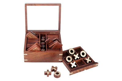 Handmade Wooden Tic Tac Toe Game| 28 Dominoes, 9 Tokens & 5 Wooden Dice – Learning & Educational Toys on Brown Living™. SKU: 1123. Img 1.