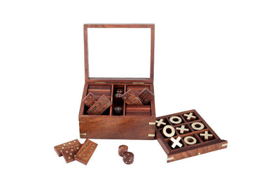 Handmade Wooden Tic Tac Toe Game| 28 Dominoes, 9 Tokens & 5 Wooden Dice – Learning & Educational Toys on Brown Living™. SKU: 1123. Img 3.