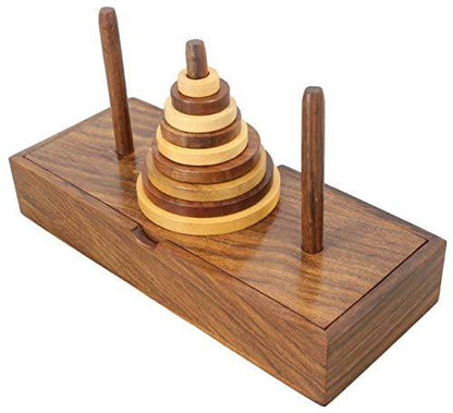 Wooden 9 - Rings Tower of Hanoi Puzzle Game | Handmade (Brown) | Verified Sustainable by Brown Living™