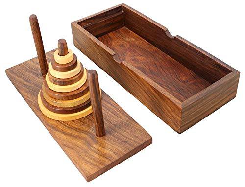 Wooden 9 - Rings Tower of Hanoi Puzzle Game | Handmade (Brown) | Verified Sustainable by Brown Living™