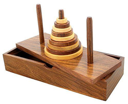 Wooden 9 - Rings Tower of Hanoi Puzzle Game | Handmade (Brown) | Verified Sustainable by Brown Living™