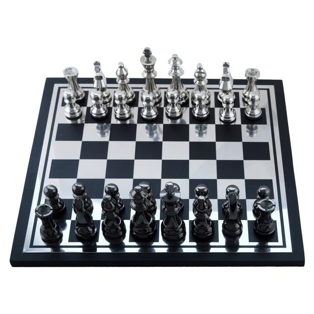 Handcrafted Wooden & Metal Chess Board Game Black and Silver Finish | Verified Sustainable by Brown Living™