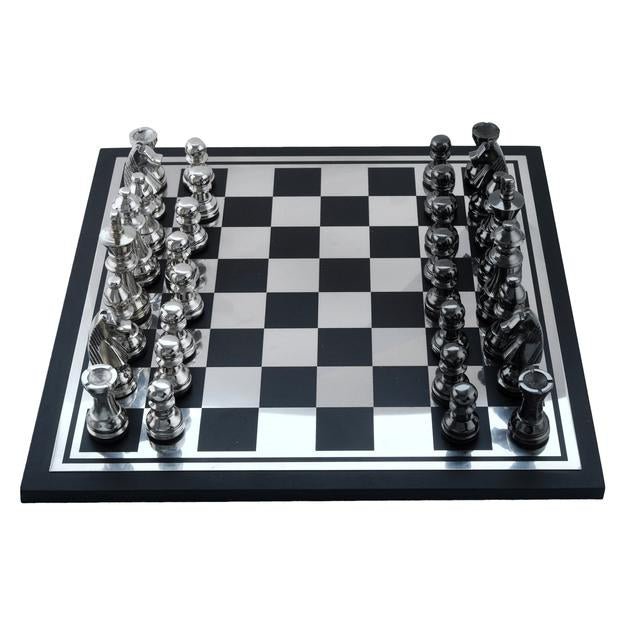 Handcrafted Wooden & Metal Chess Board Game Black and Silver Finish | Verified Sustainable by Brown Living™