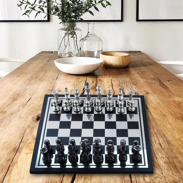 Handcrafted Wooden & Metal Chess Board Game Black and Silver Finish | Verified Sustainable by Brown Living™