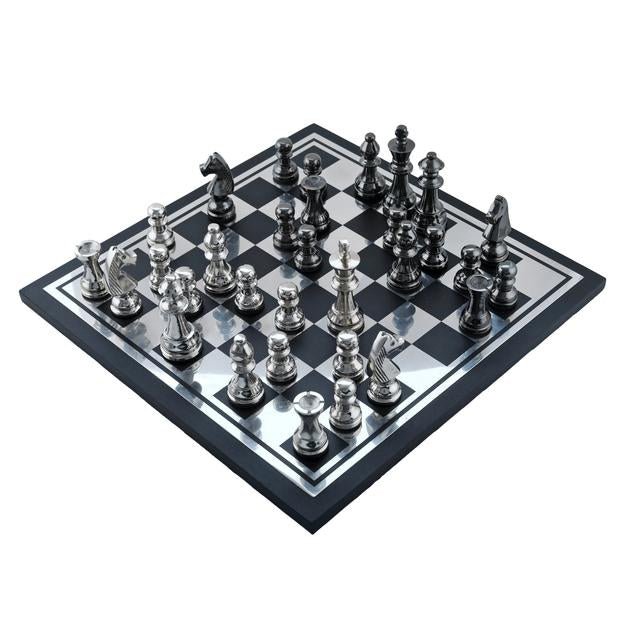 Handcrafted Wooden & Metal Chess Board Game Black and Silver Finish | Verified Sustainable by Brown Living™