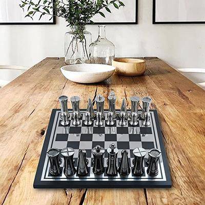 Wooden And Metal Chess Board game Black and Silver Finish - Conica | Verified Sustainable by Brown Living™