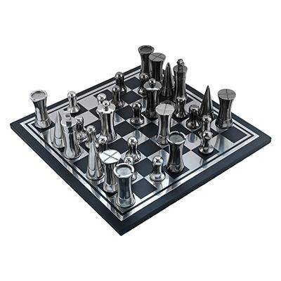 Wooden And Metal Chess Board game Black and Silver Finish - Conica | Verified Sustainable by Brown Living™