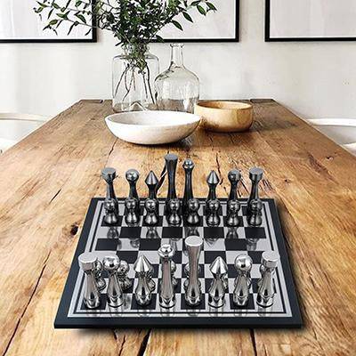 Buy Wooden And Metal Chess Board Game Black and Silver Finish- Curvy | Shop Verified Sustainable Learning & Educational Toys on Brown Living™