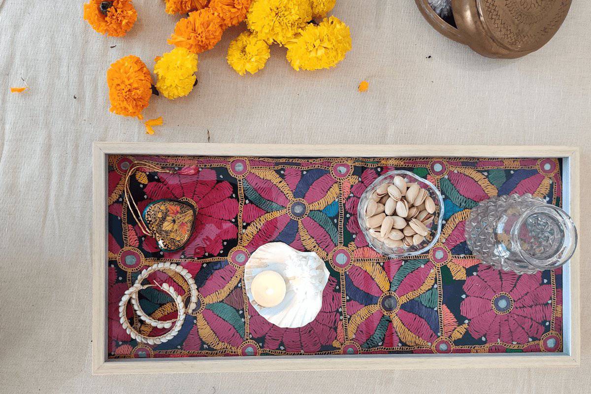 Wooden Boho Tray: Floral | Verified Sustainable by Brown Living™