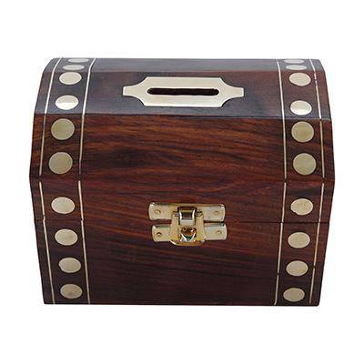 Buy Handmade Wooden Brass Box | Vintage Treasure Chest | Piggy Bank | Shop Verified Sustainable Piggy Banks & Money Jars on Brown Living™