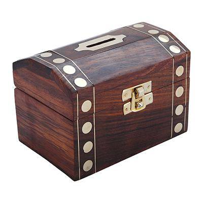 Buy Handmade Wooden Brass Box | Vintage Treasure Chest | Piggy Bank | Shop Verified Sustainable Piggy Banks & Money Jars on Brown Living™