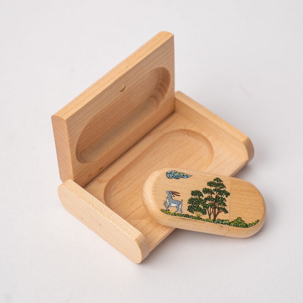 Wooden Pen Drive Box Set with Hand Painted Miniature Art – Tech Accessories on Brown Living™. SKU: PN13036. Img 3.