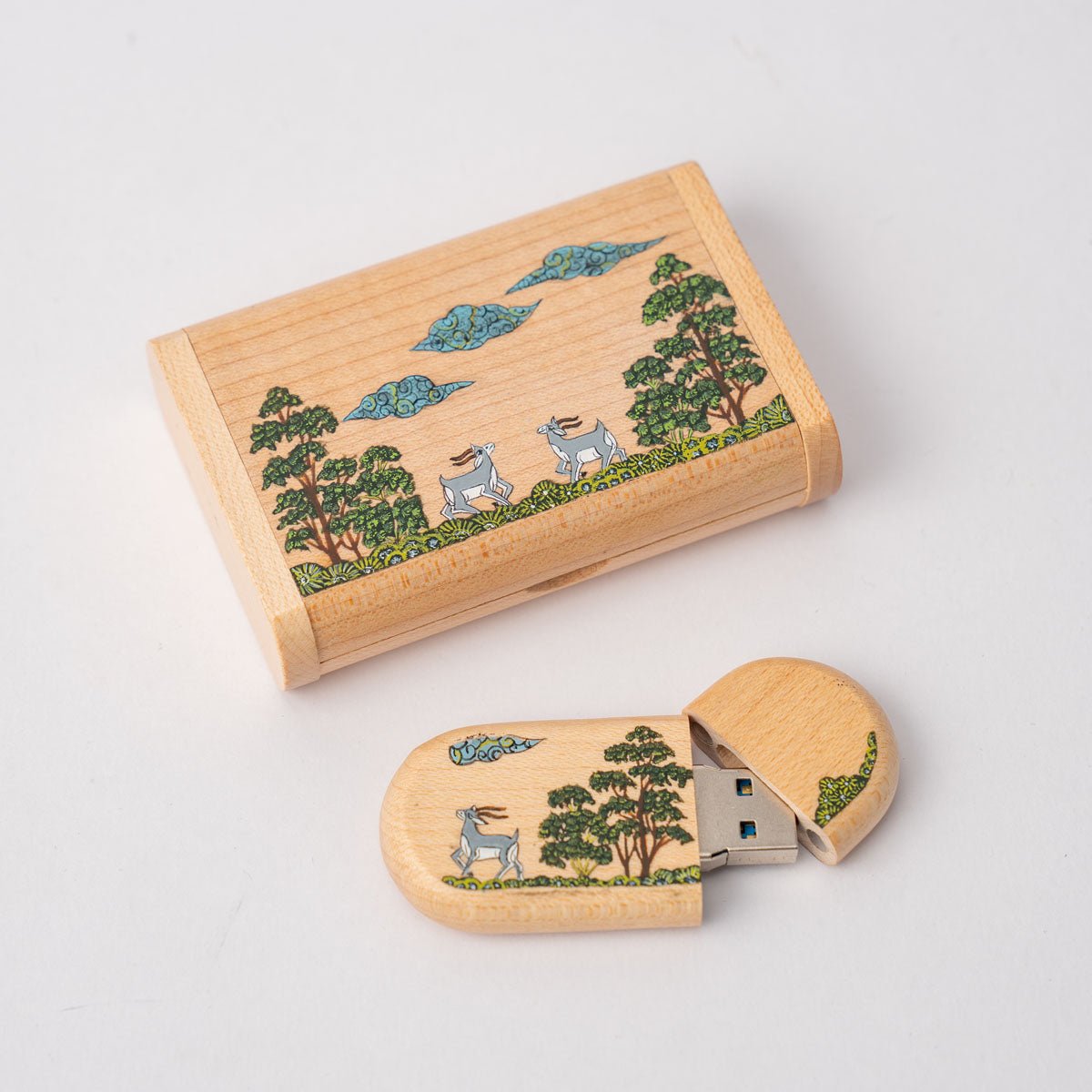 Wooden Pen Drive Box Set with Hand Painted Miniature Art – Tech Accessories on Brown Living™. SKU: PN13036. Img 4.