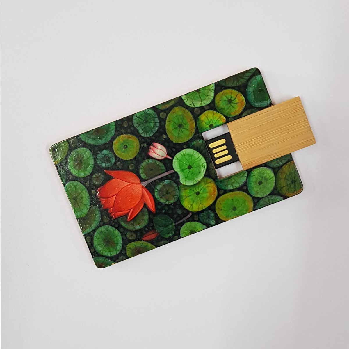 Wooden Pen Drive With Hand Painted Lotus And Leaves | Verified Sustainable by Brown Living™