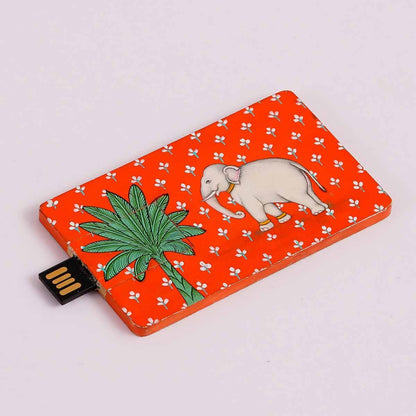 Wooden Pen Drive With Hand painted Palm Trees And Elephant | Verified Sustainable by Brown Living™