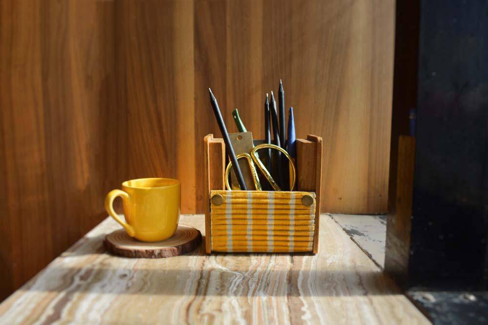 Wooden Pen Stand with Changeable Sleeve - Grey Double Line & Yellow Single Line | Verified Sustainable by Brown Living™