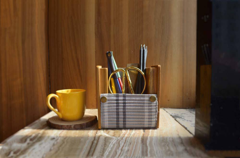 Wooden Pen Stand with Changeable Sleeve - Grey Double Line & Yellow Single Line | Verified Sustainable by Brown Living™