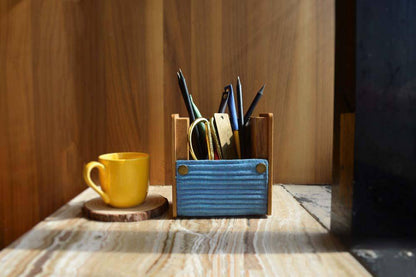 Wooden Pen Stand with Changeable Sleeve (Solid Blue & Green Geometric Square) | Verified Sustainable by Brown Living™