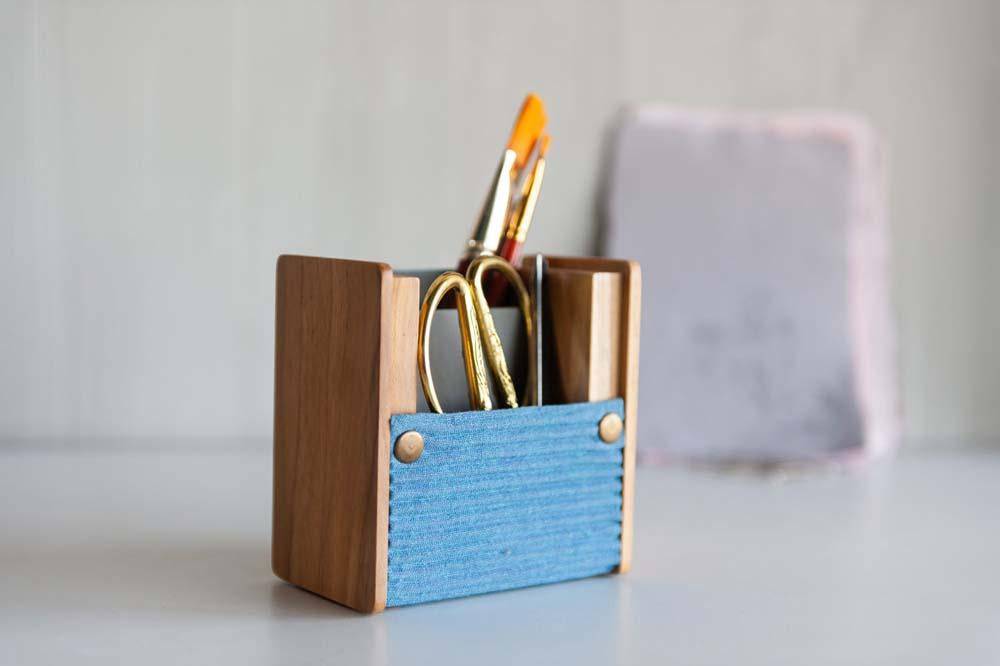 Wooden Pen Stand with Changeable Sleeve (Solid Blue & Green Geometric Square) | Verified Sustainable by Brown Living™