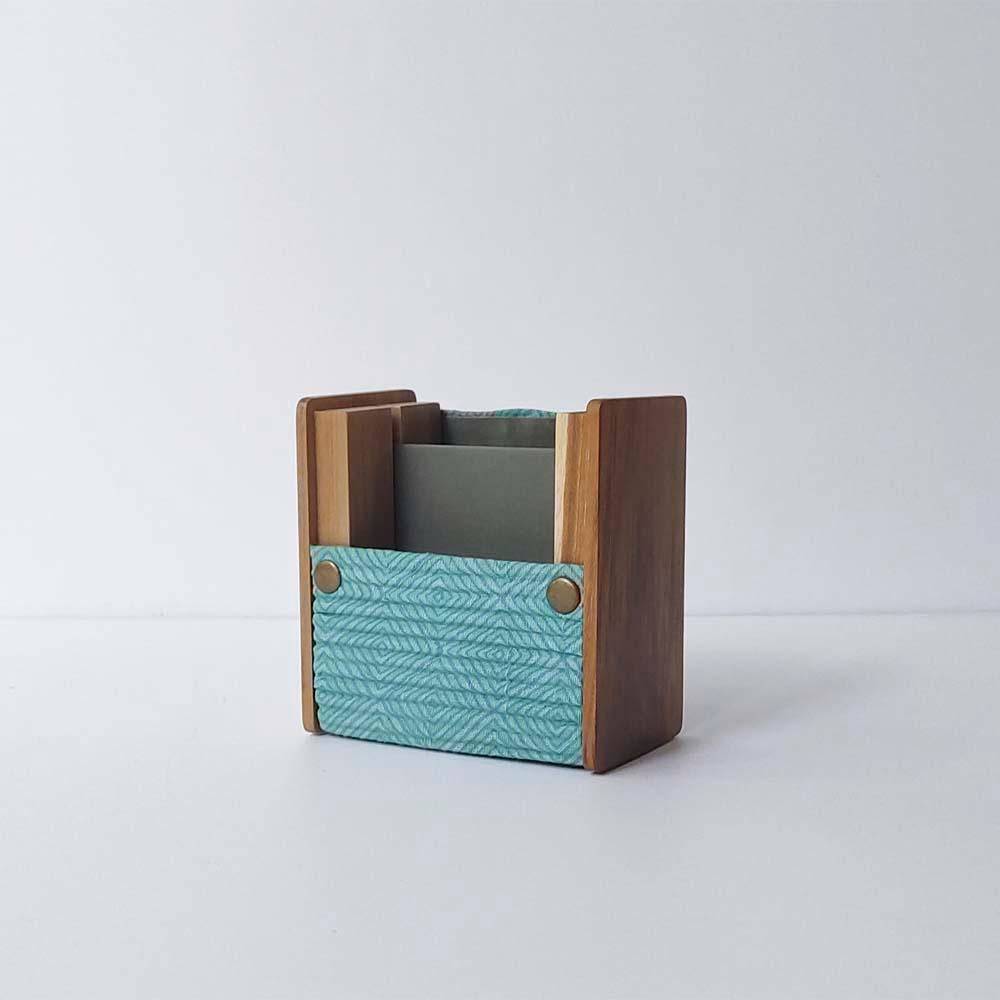 Wooden Pen Stand with Changeable Sleeve (Solid Blue & Green Geometric Square) | Verified Sustainable by Brown Living™