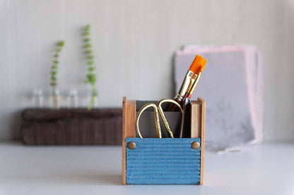 Wooden Pen Stand with Changeable Sleeve (Solid Blue & Green Geometric Square) | Verified Sustainable by Brown Living™