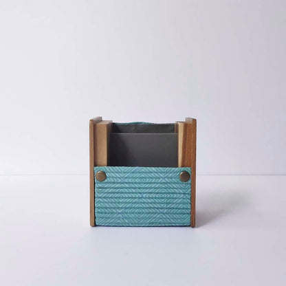 Wooden Pen Stand with Changeable Sleeve (Solid Blue & Green Geometric Square) | Verified Sustainable by Brown Living™