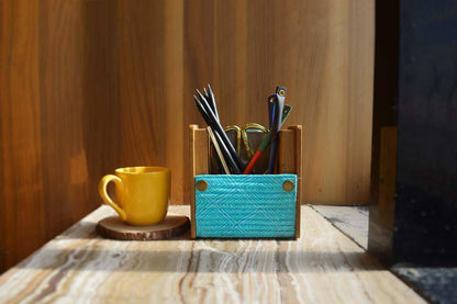 Wooden Pen Stand with Changeable Sleeve (Solid Blue & Green Geometric Square) | Verified Sustainable by Brown Living™