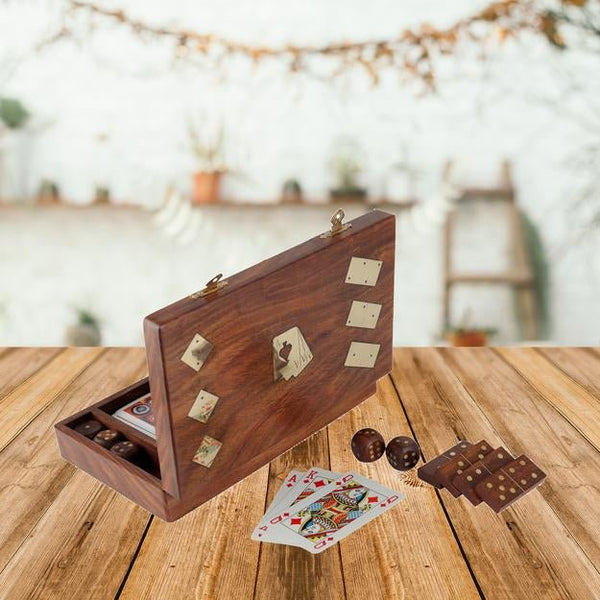 Buy Wooden Playing Card Box with 5 Dice, 28 Dominoes Tiles Game Set | Shop Verified Sustainable Products on Brown Living